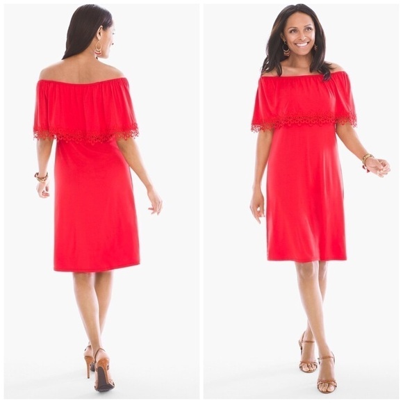 Chico’s Embroidered Hem Off The Shoulder Dress in Red Size 0 - Picture 1 of 12